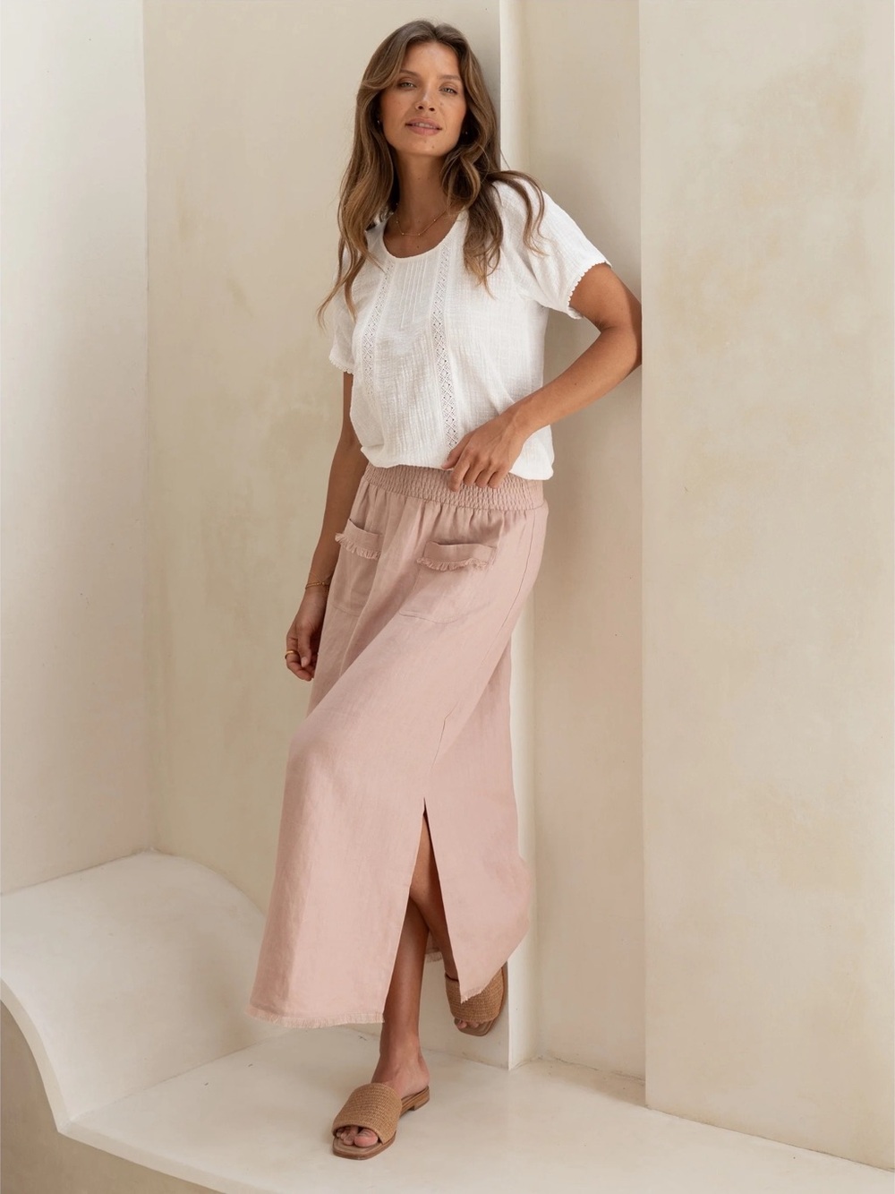 NWT Nomad The Label Aurora French Linen Maxi Skirt in Tea Rose